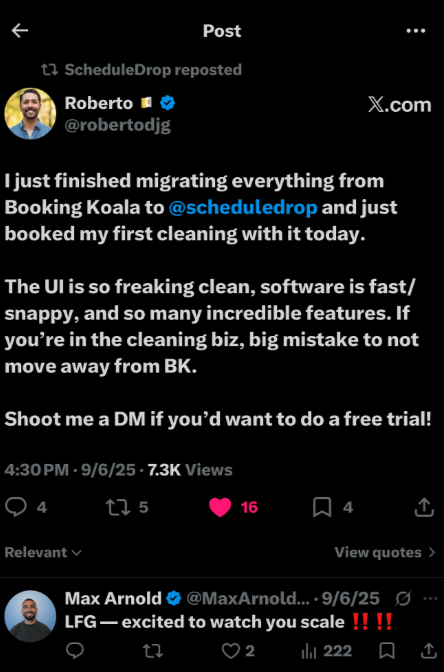 Roberto's X post about migrating from BookingKoala to ScheduleDrop