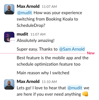 Slack message from Mudit about switching from BookingKoala to ScheduleDrop