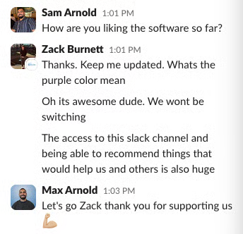 Slack message from Zack Burnett saying 'We won't be switching'