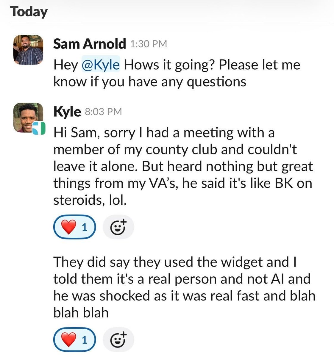 Slack message from Kyle calling ScheduleDrop 'BK on steroids'
